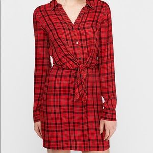 Long sleeve, plaid, tie front dress
